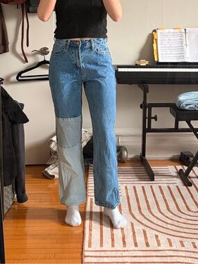 Cello Two-Tone Patchwork Straight Leg Jeans - Blue